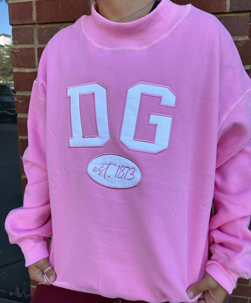 Greek Pink Sorority Embroidered Mock Neck
