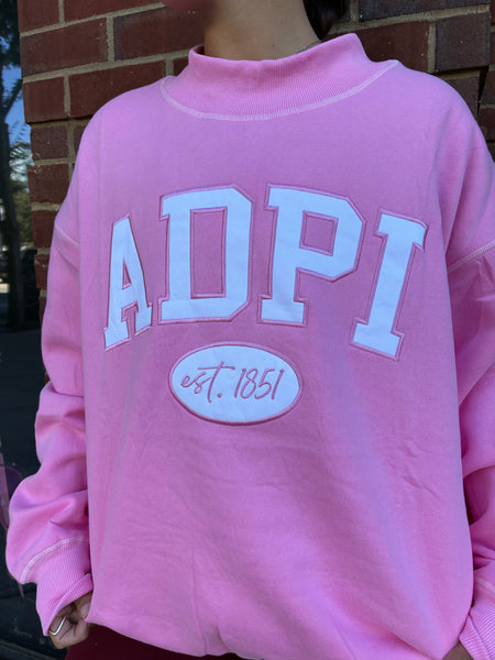 Greek Pink Sorority Embroidered Mock Neck