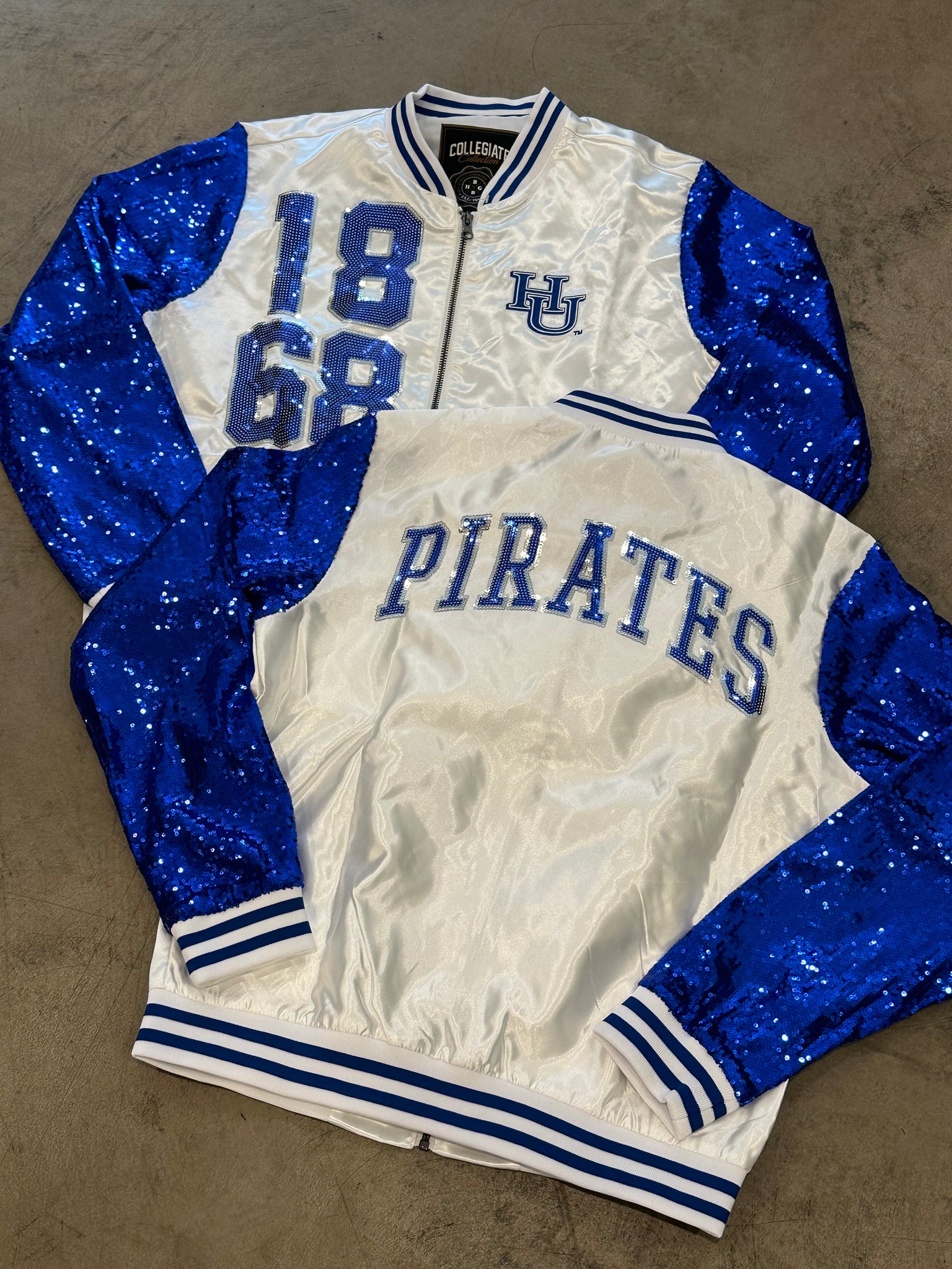 Hampton U - White Women's Cut Satin Baseball Jacket Sequin Sleeves