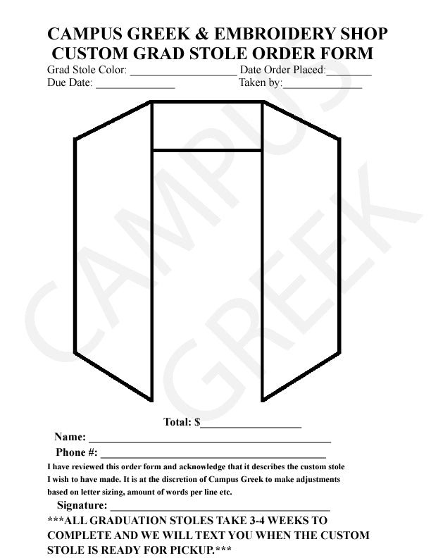 Grad Ring Order Form Custom Graduation Stole Order Form – Campus Greek & Embroidery Shop